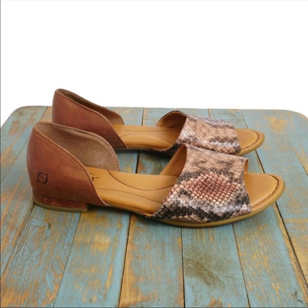 Born Womens D'Orsay Flat Snake Print Sandals Size 7 M Brown Leather